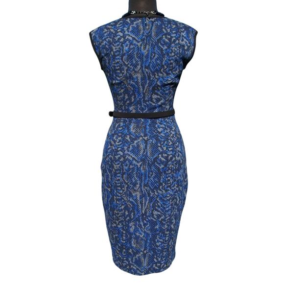 Cache Stretch Dress Lined Removable Belt Blue Black Reptile Print New $168 NWT - Picture 3 of 3